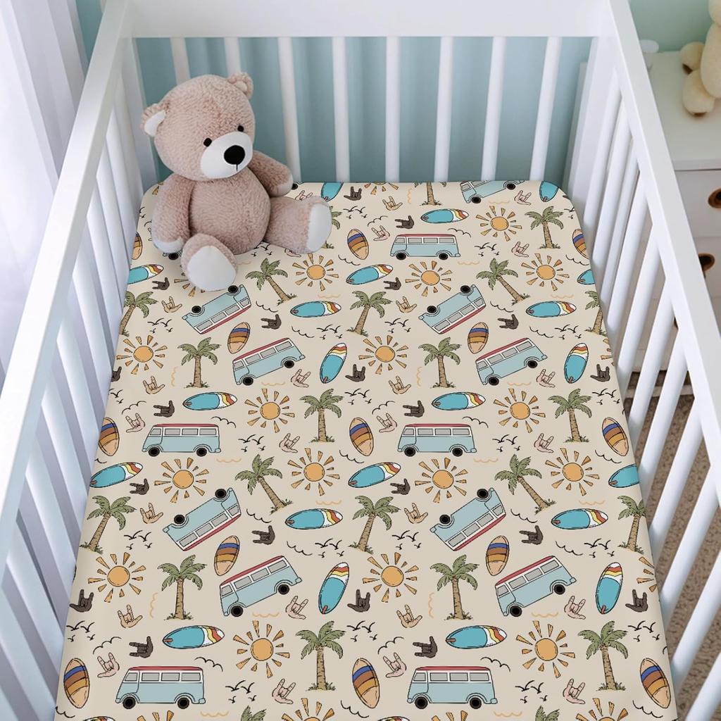 Vintage Surf Fitted Baby Crib Sheets Boy Girl 52"x28" Retro Surfboard Sun Palm Trees Bus Soft Crib Mattress Covers Hawaiian Tropical Beach Surfing
