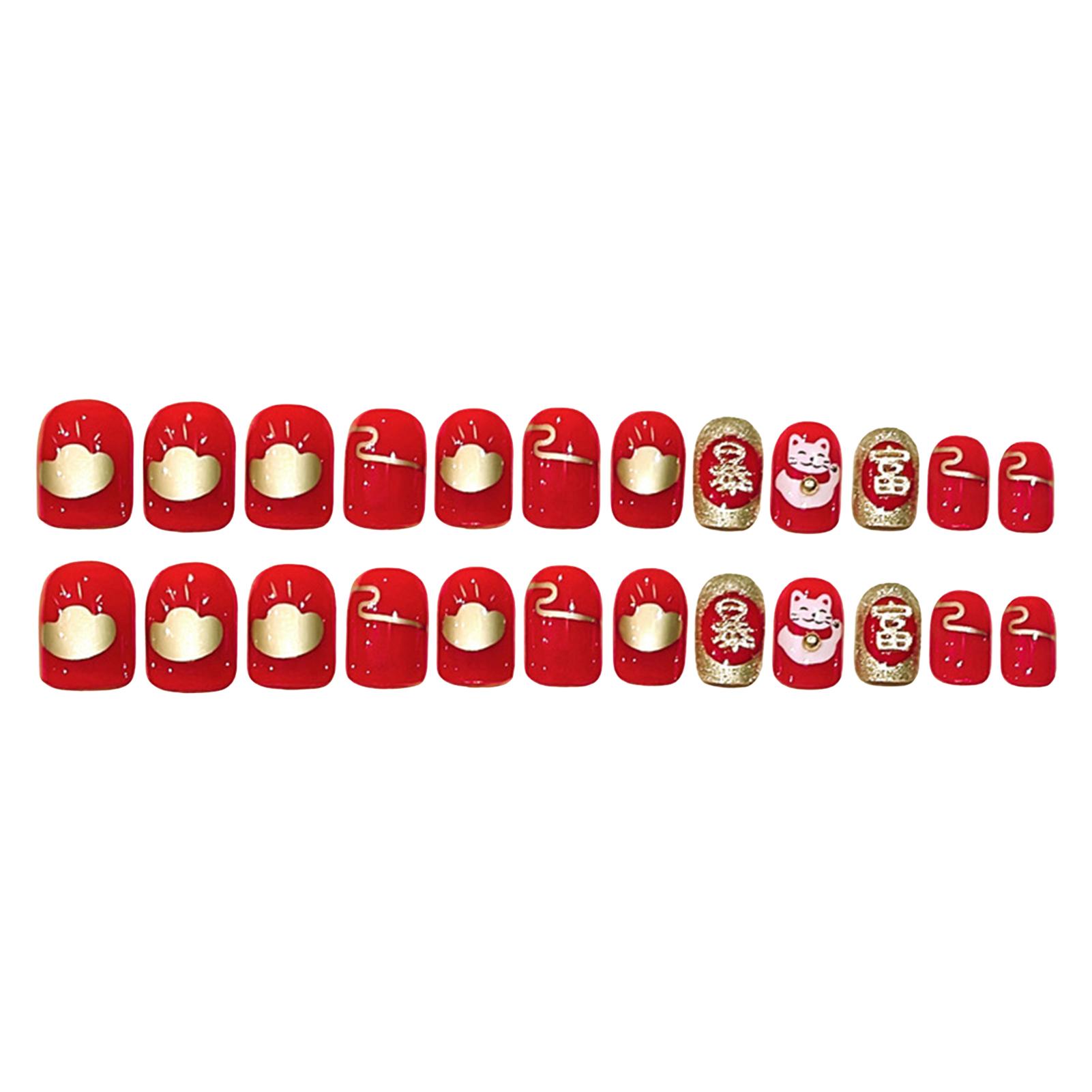 24Pcs Fake Nails New Year Nail Art Stickers Festive Cat Wearable Nails Wearable Full Cover Nails Tips Artificial False Nails