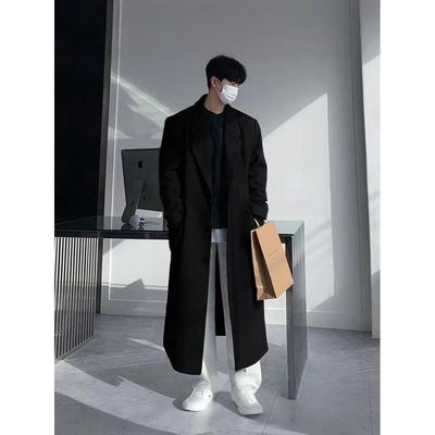Casaco Trench de Lã Preto Masculino de Comprimento Médio – Outono/Inverno Caimento Solto, Estilo Coreano Engrossado.