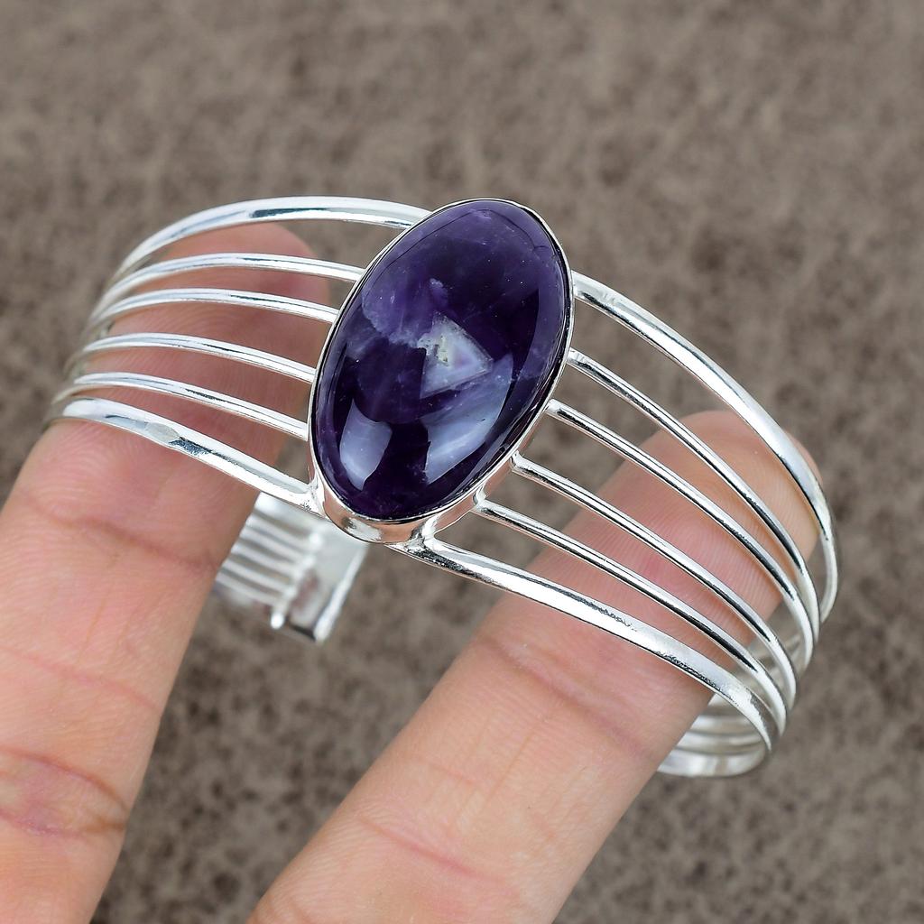 Sage Amethyst Gemstone Handmade 925 Sterling Silver Cuff Bangle Adjustable KKG-178