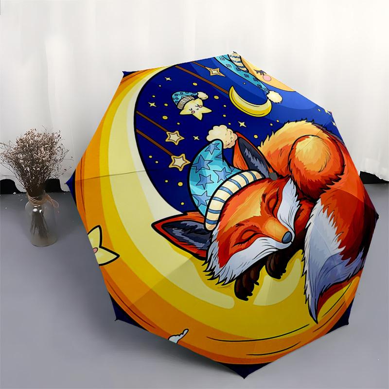 1pc Sleepy Fox Moon & Stars Auto Open Close Umbrella - Portable 3-Fold Design with 8-Bone Iron Frame - Outdoor - Perfect Gift for Fans, Travelers, Dai