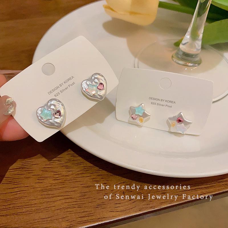 Silver needle colored diamond love star stud earrings women in the wind sweet niche versatile hot girl earrings cold ear jewelry