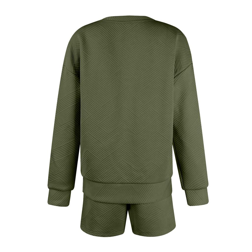 Women's Solid Color Textured Casual Set Long Sleeve Shorts Drawstring Two-Piece Set