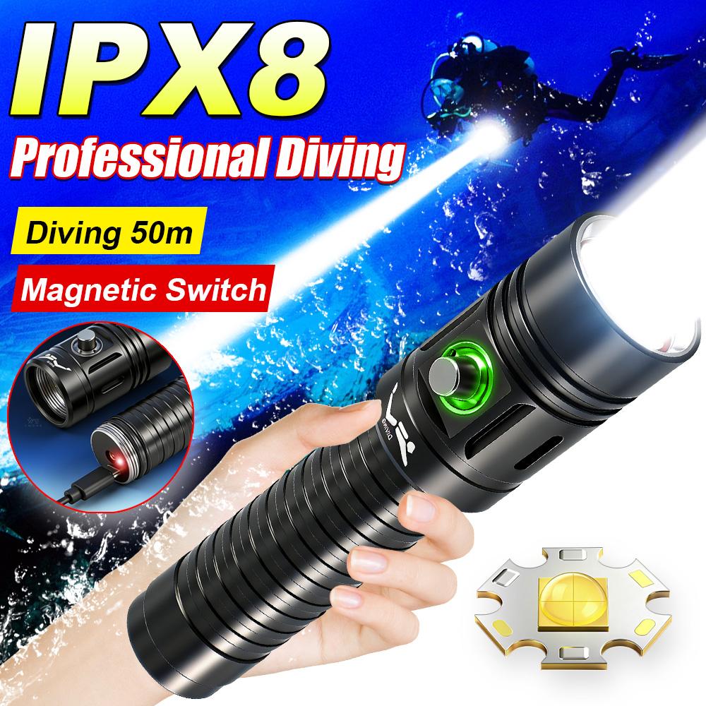 50M Professional Diving Torch IPX8 Waterproof USB C Rechargeable LED Flashlight 18650 Wrist Strap Underwater Scuba Diving Light