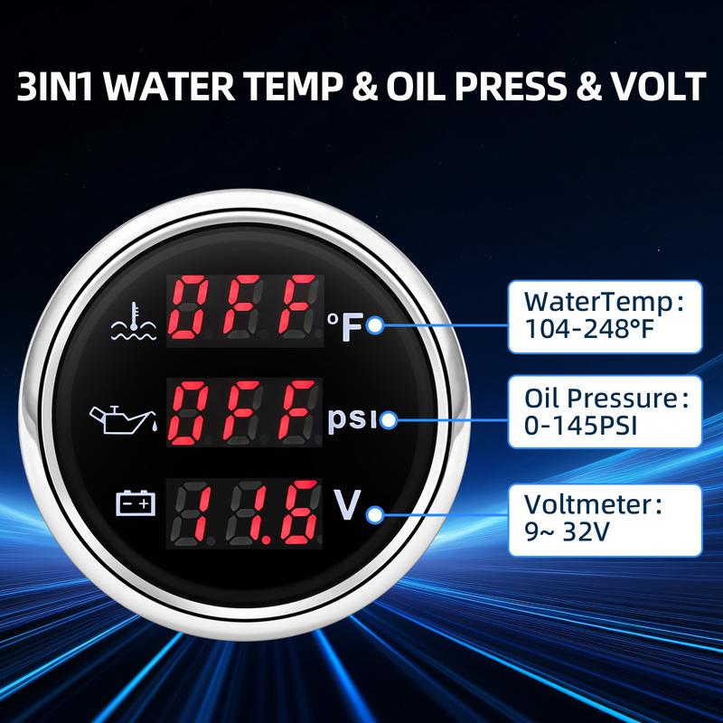 3 In 1 Digital 52mm Gauge with Alarm Water Temperature + Oil Pressure + Voltage Display Meter Sensor Kit For 12V24V Vehicle Boat