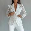 Giacca da Donna Bianca in Pizzo con Motivo Floreale Scollo a V Monopetto Manica Lunga