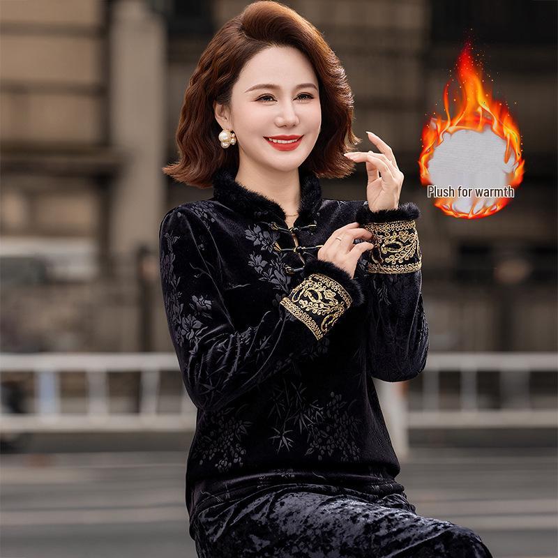 Women's Embroidered Jacquard T-shirt with Frog Button, Plus Velvet, Long Sleeve - New Chinese Style, Autumn/Winter.
