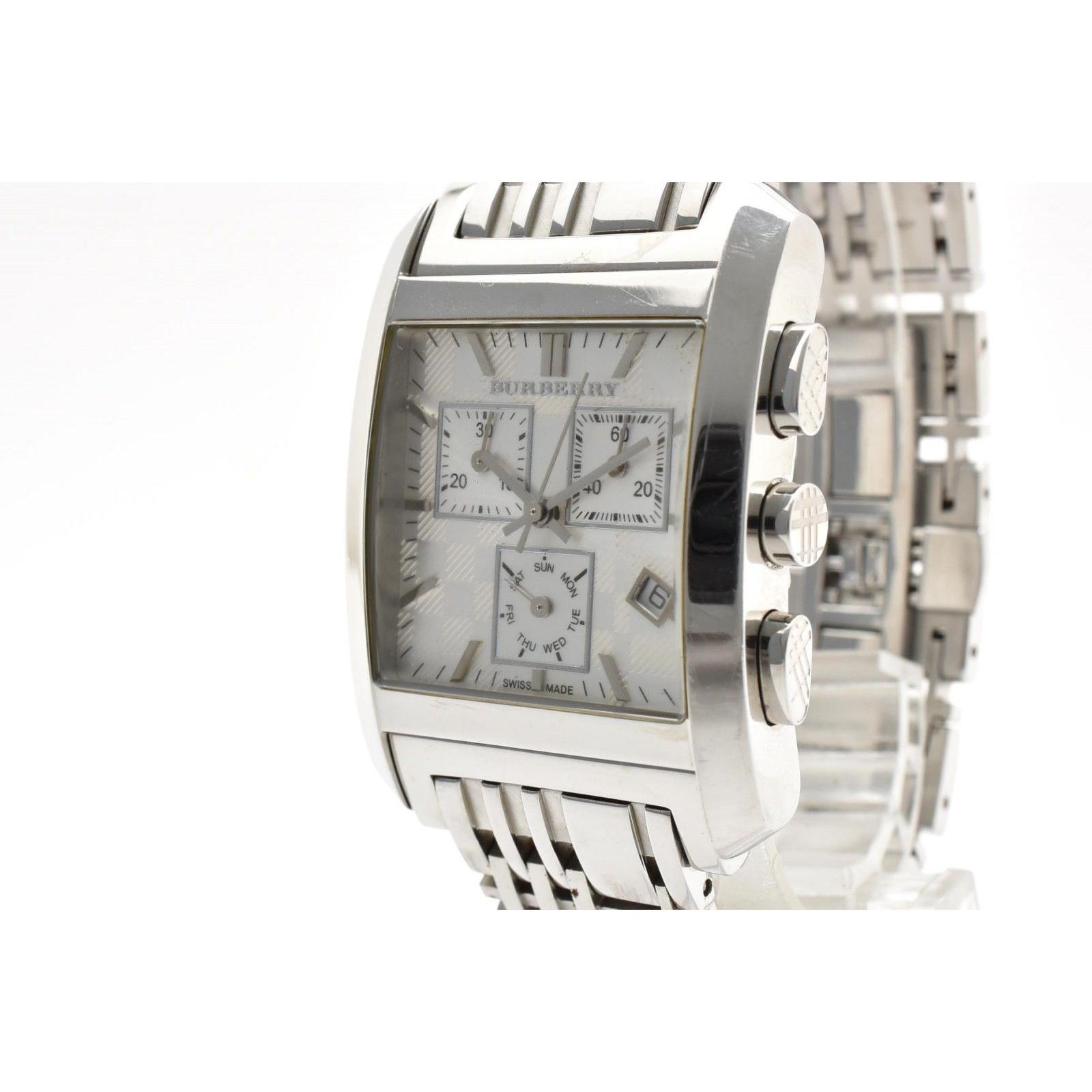 Used BURBERRY BU1560 Chronograph Quartz Men s Watch White Dial Date Square Case Stainless Steel