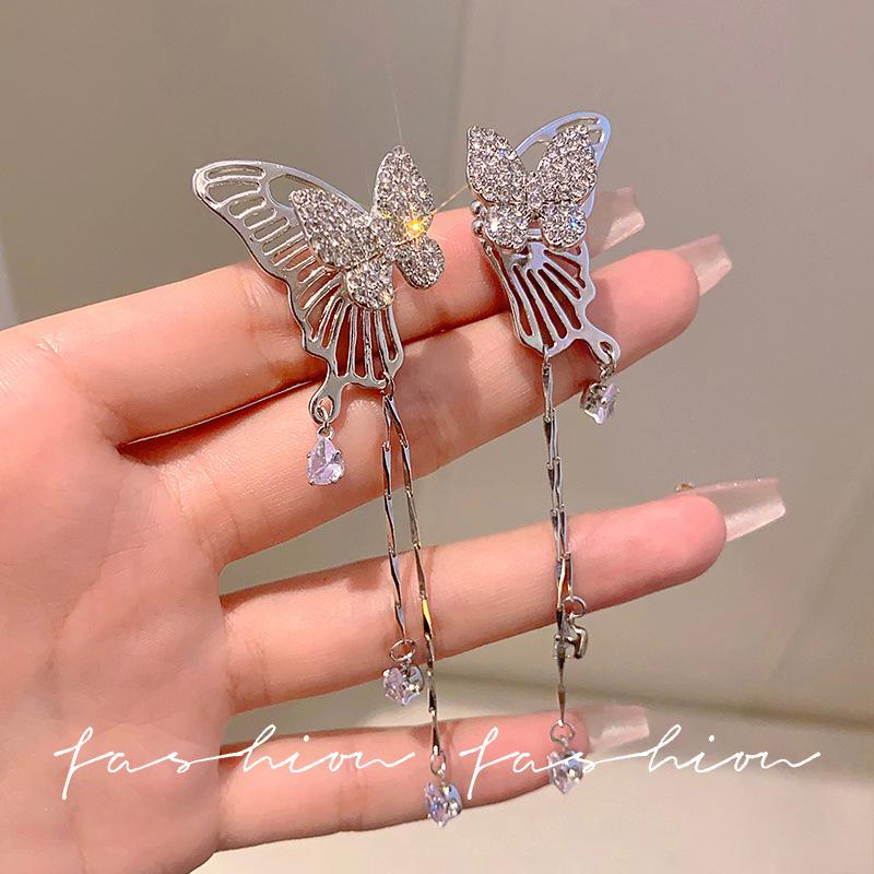 Korean-Style Diamond Tassel Bow Earrings - Elegant Long Earrings for All Occasions