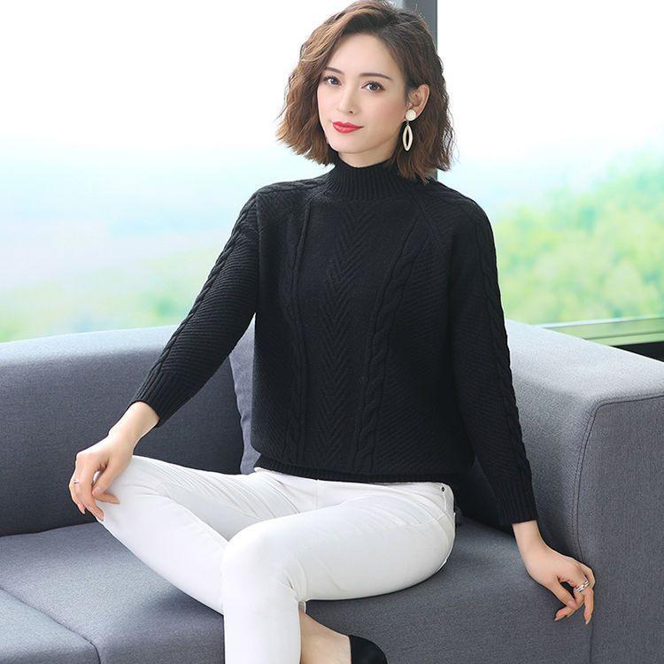 Women's Short Sweater Thickened Knitted Sweater Loose Semi-high Neck Base Sweater Solid Color Pullover
