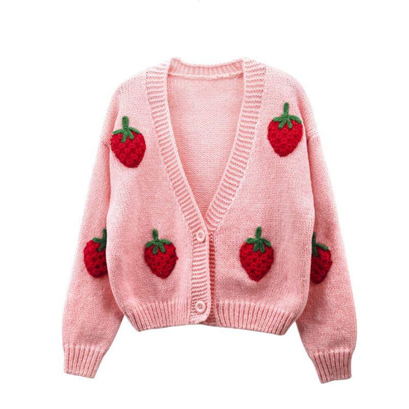 Autumn and Winter New Heavy-Duty Handmade Embroidered Cardigan Sweater for Women with a High-End Feel, Dongdaemun Korean Women s Fashion Design Pink Strawberry