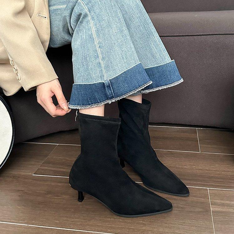 [Ushilai] Rear Zipper Stiletto Temperament Short Boots Women's Autumn 2025 New Pointed Fashion Thin Boots