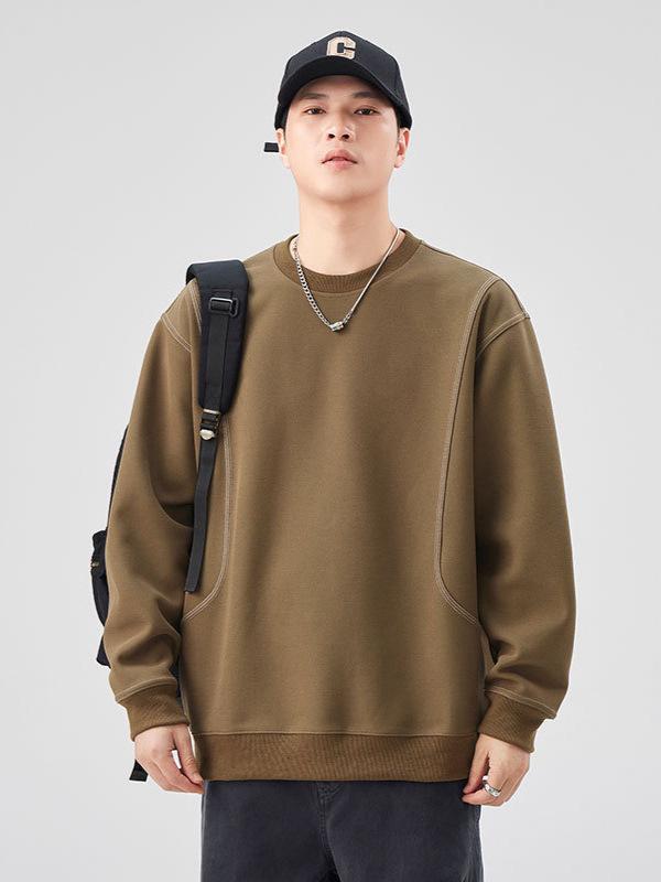 Herren Amerikanisches Retro Plüsch Nähte Rundhals Sweatshirt – Einfarbige, Vielseitige, Lockere Passform Freizeit Oberteil