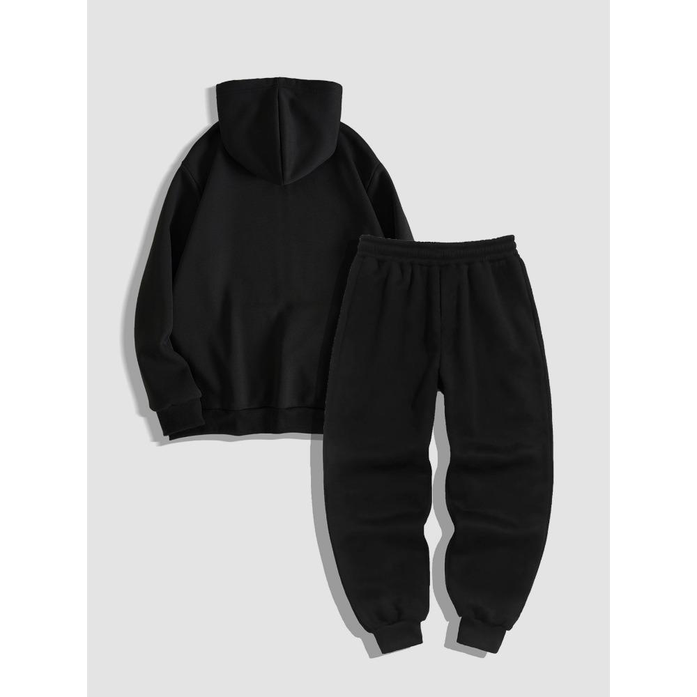 Street Style Cool Męski Zestaw Podstawowy, Męska Bluza z Kapturem na Zamek z Gotyckim Ciemnym Nadrukiem i Spodnie Dresowe Dwuczęściowy Zestaw