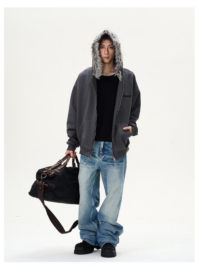 American Retro Oversized Fur Collar Couple Hoodie Cardigan