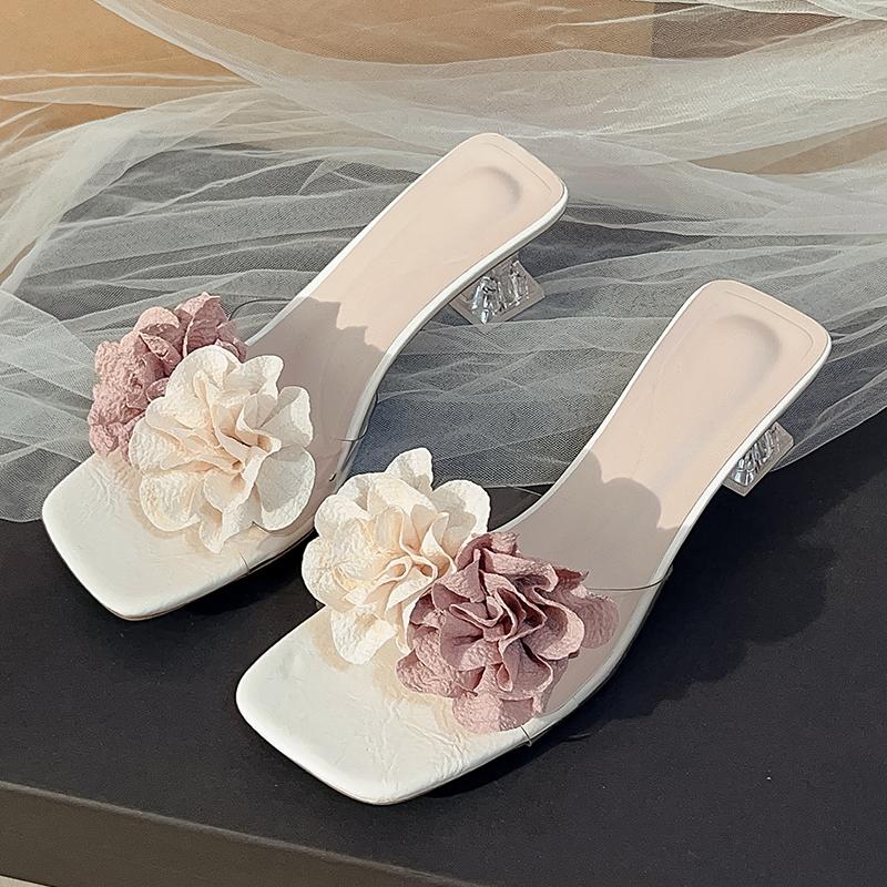Fashion Flip-flops for Women Summer Wear Flower Clear Crystal Block Heel High Heels Square Toe Fairy Open Toe Sandals and Slippers