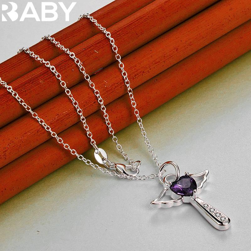 URBABY 925 Sterling Silver With 16-30 inch Chain Amethyst Heart Cross Pendant Necklace For Women Wedding Party Gifts Jewelry 4