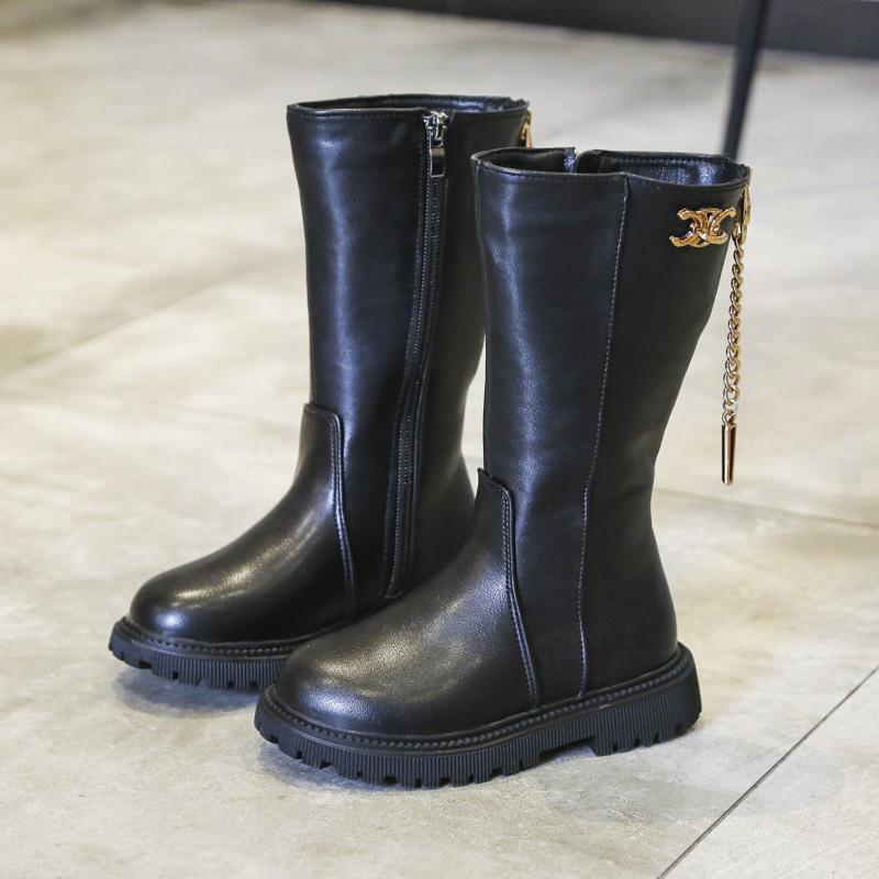 Winter Mädchen Stiefel Schwarz PU Leder Plateau Plüsch Trendige Kinderstiefel Reißverschluss Knielang Hübsch Stilvoll Kinderschuhe