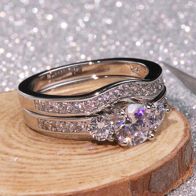 Gorgeous Silver Color Inlaid with White Stone Rings Set Round Party Engagement Wedding Rings for Women Jewelry