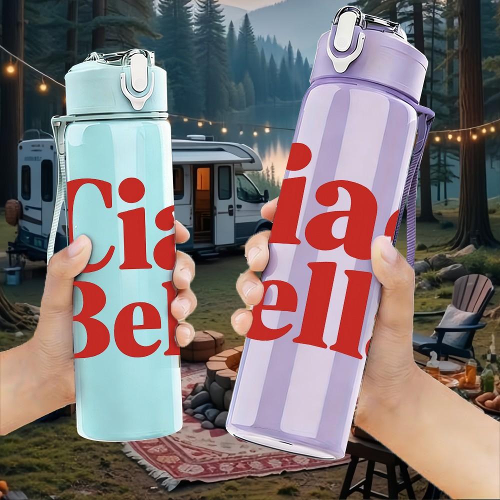 1PC Ciao Bella Letter Text 750ml Color Plastic Sports Water Bottle Leakproof Flip Straw Lid Suitable for Sports Office Home Use