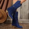 Autumn and Winter Women Pointed Toe Fringes Thick Heel High Boots Plus Size Fashion Retro Rivet Belt Buckle Zipper Mid-Calf Boot