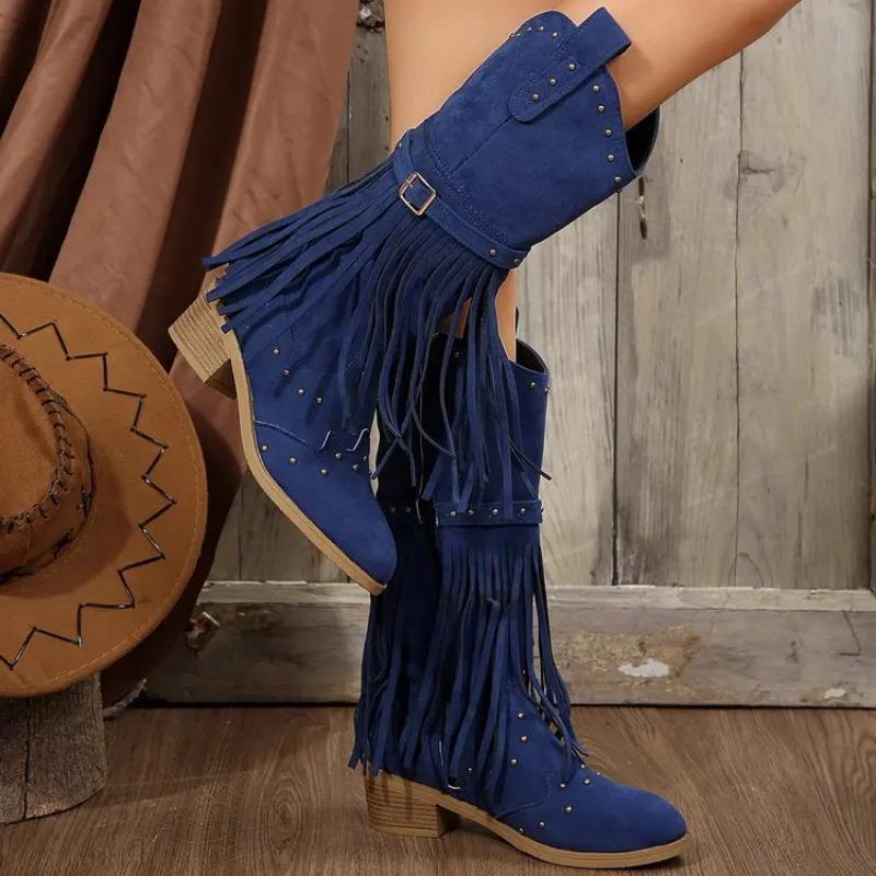 Autumn and Winter Women Pointed Toe Fringes Thick Heel High Boots Plus Size Fashion Retro Rivet Belt Buckle Zipper Mid-Calf Boot