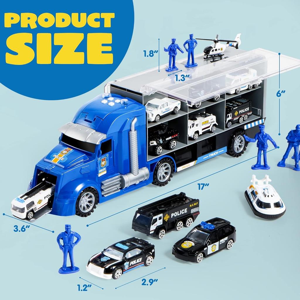 Joyfy 25 In 1 Die-cast Police Rescue Big Truck Toys Car Transporter Storage Truck with Sounds Lights  for Toddlers Birthday Gift