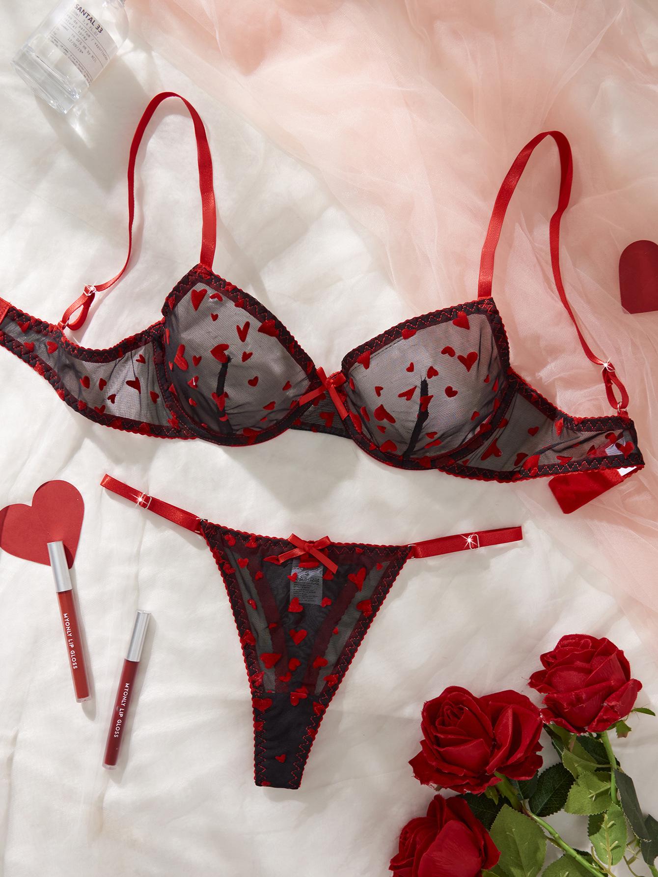 

Сексуальный прозрачный сетчатый комплект нижнего белья с вышивкой сердечками и бюстгальтером пуш-ап L