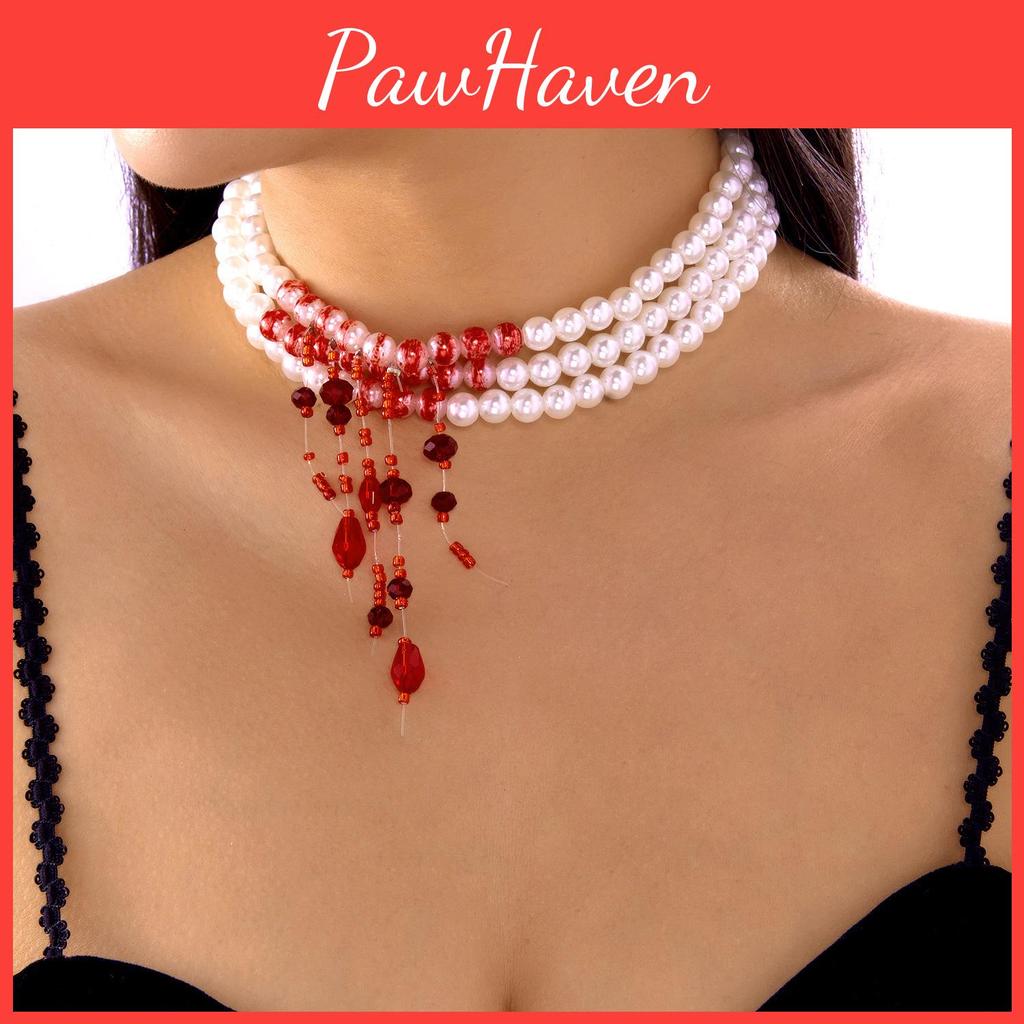 Halloween Blood Drop Pearl Necklace With Handcrafted Geometric Design For Women
