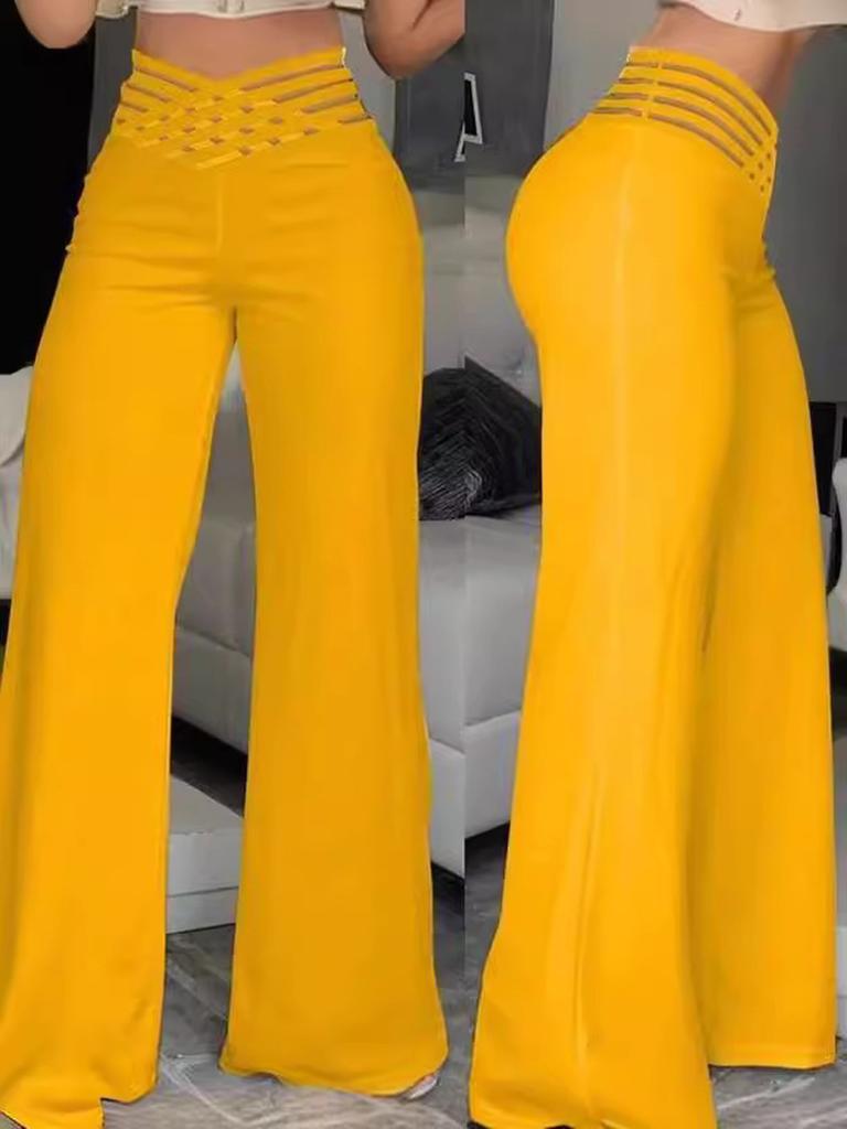 Damen Hollow Out Taillengürtel Lange Hose, Elegante Pendler Weitbeinige Hose Hohe Taille Lässige Weitbeinige Hose