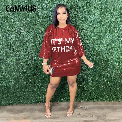 Plus Size Women's Fashion Round Neck Half Sleeve Loose Beaded Printed Nightclub Dress