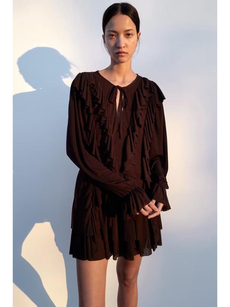 2025 Spring Women's Layered Crew Neck Mini Dress - European & American Style, Long Sleeve