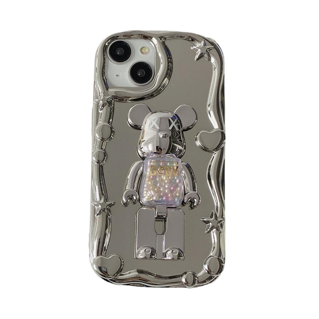 Electroplated mirror surface for Apple 15 violent bear quicksand bracket 16 bracelet iPhone14 soft case mobile phone case