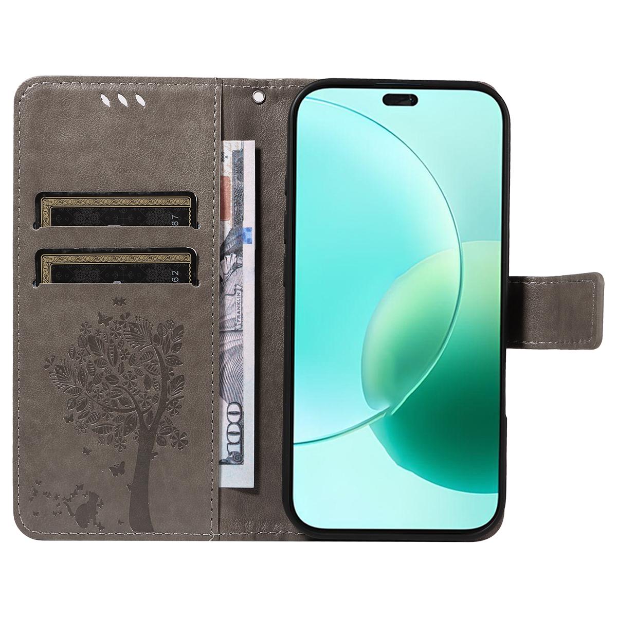 

For Honor 400 Lite Phone Case with Stand Cat Tree Pattern Leather Wallet Mobile Cover Light Purple
