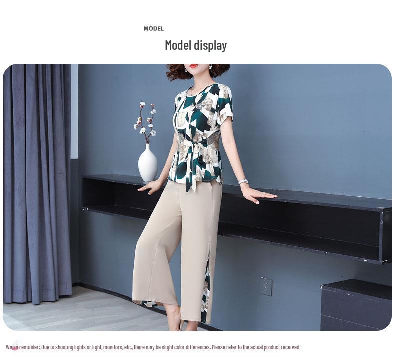 2024 Summer Chiffon Two-Piece Set: Short Sleeve Top & Nine-Point Pants for Moms