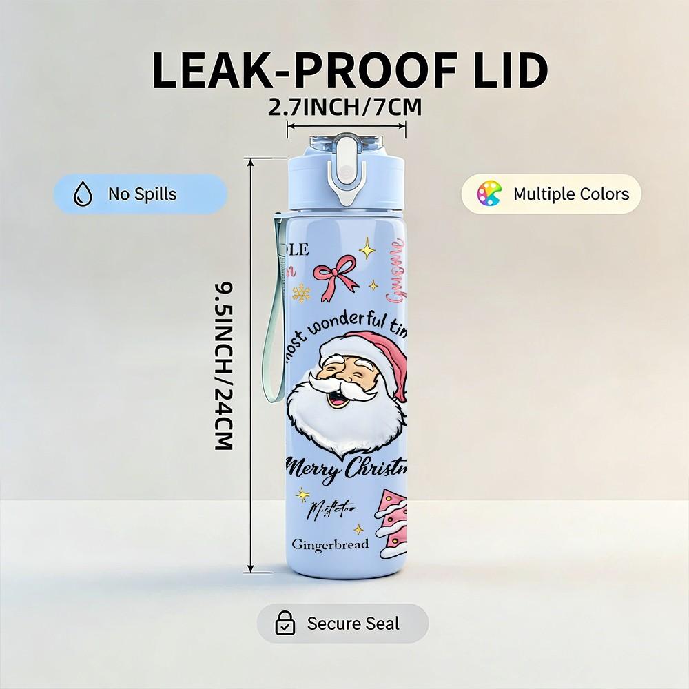 1PC Santa Claus Winter Xmas Lettering 750ml Color Plastic Sports Water Bottle Leakproof Flip Straw Lid Suitable for Sports Office Home Use