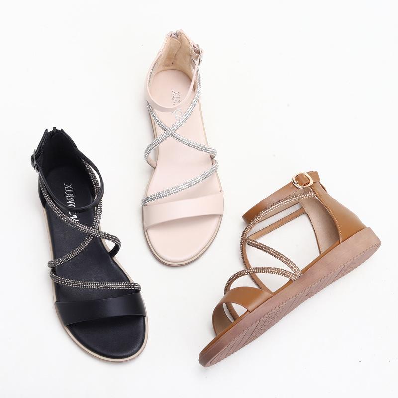 Einwort-Sandalen Damen Sommer neu Strass offene Zehen flach Absatz Übergröße Römerschuhe -