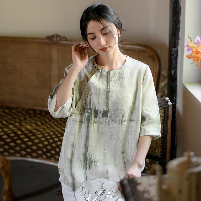 

Johnature Женские рубашки в китайском стиле, топы, блузки с круглым вырезом и короткими рукавами, летние рубашки в китайском стиле XL зелёный