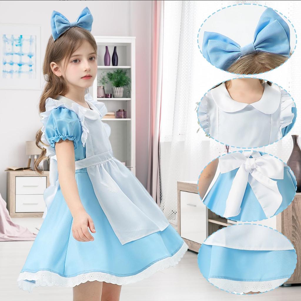 Moerstar Maid Cosplay Dress Includes Cute Maid Headband and Perfect for and theatrical performances Costume, Girls' 3-Piece Set, Apron, Parties,