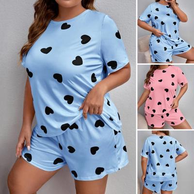 2 Pcs/Set Women Summer Pajamas Cartoon Heart Print Round Neck Short Sleeve T-shirt Elastic Waist Shorts