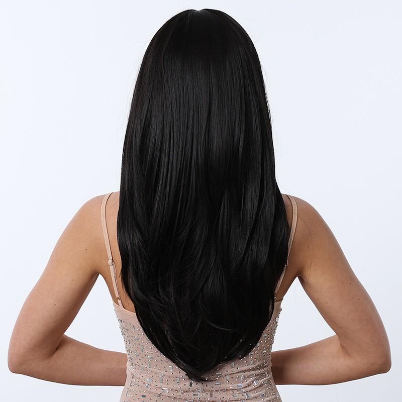 Womens Layered Long Straight Wig With Side-Swept Bangs Synthetic Heat-Resistant Fiber Full Cap Black Brown