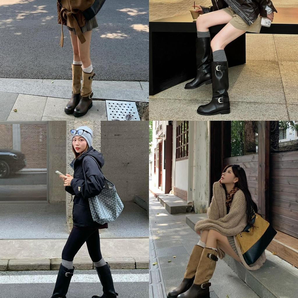 Ma Sichun of the Same Style~ Height Increase 4cm Fashionable Buckle with Round Head Splicing Thick Heel Knight Boots Women's Stacked Short Boots