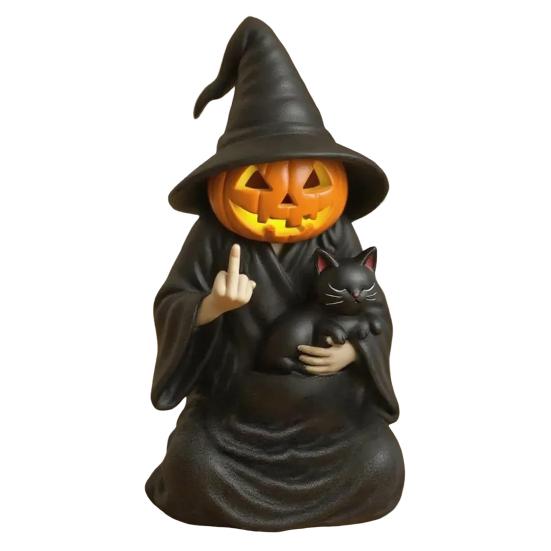 Halloween Ornament Dark Humor Witchcraft Vibe Creepy Witch Statue Black Robe Cat Themed Resin Home Decor