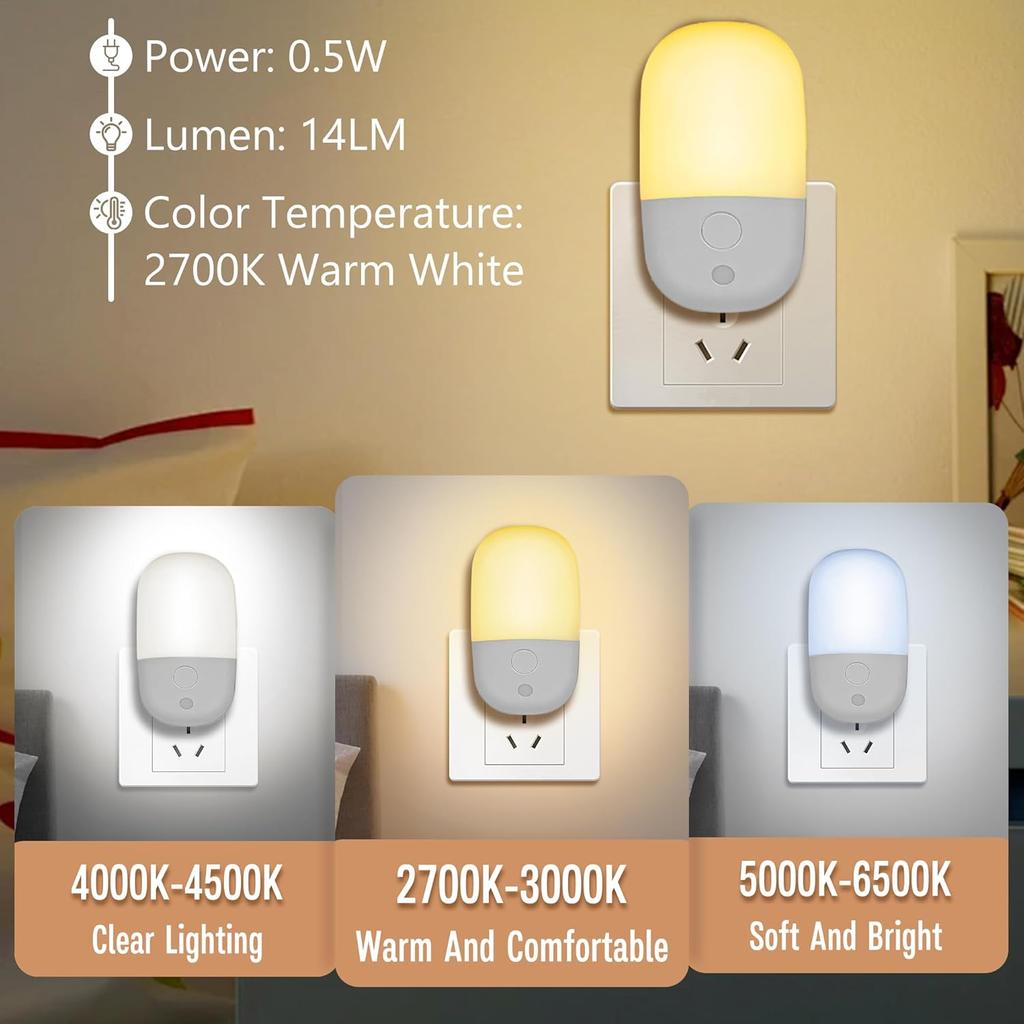 Plug in Night Light Warm White LED Nightlights with Smart Dusk to Dawn Sensor for Kids Nursery Ideal for Bedroom Bathroom