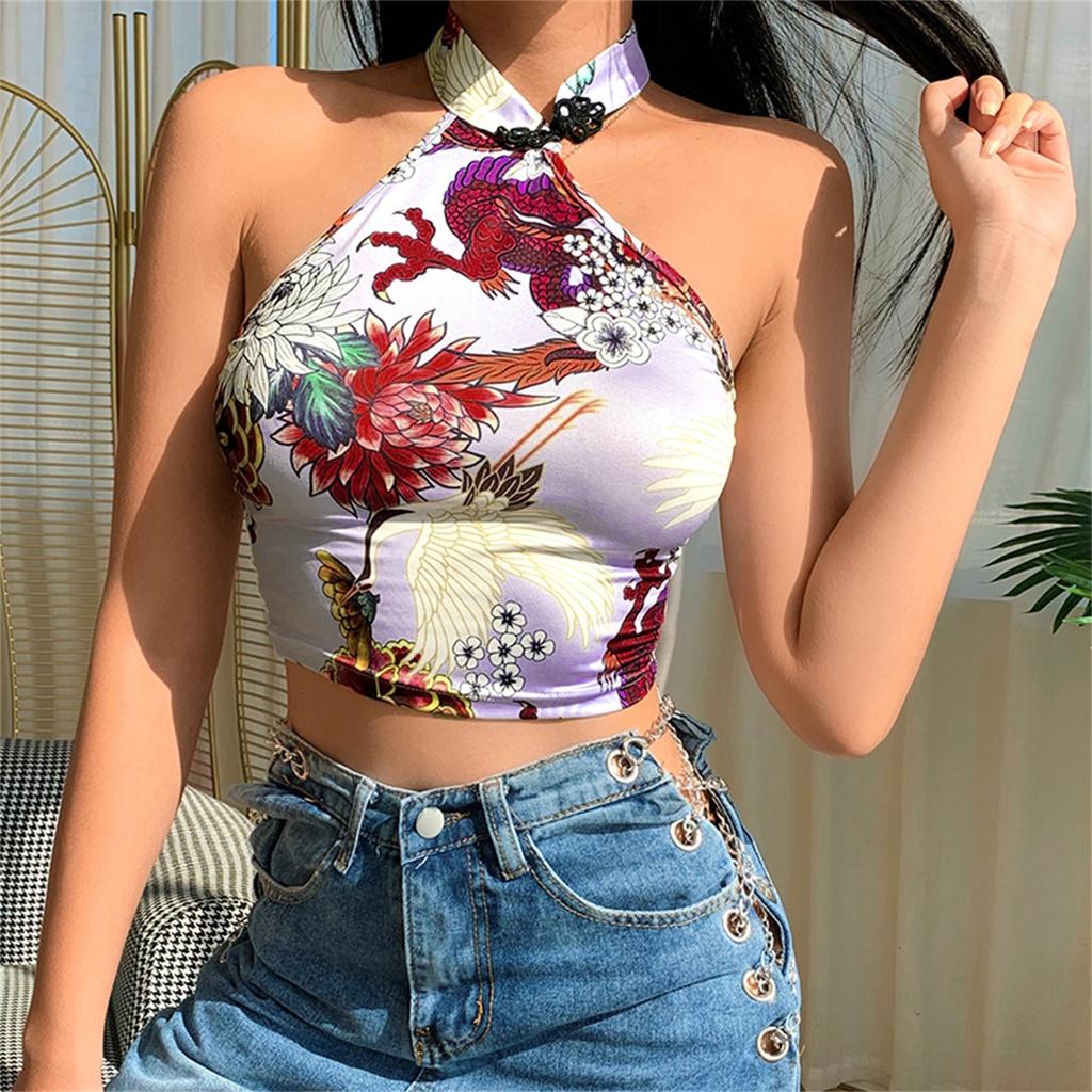 Dámský sexy potisk stahovací límeček Cheongsam bez rukávů úzký top