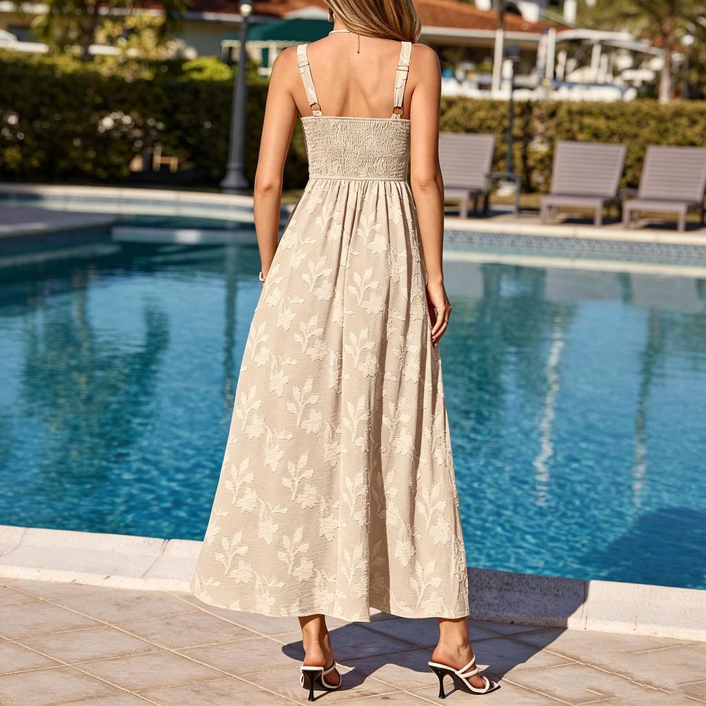 Women’s Sleeveless Maxi Dress with Square Neck Adjustable Straps and Shirred Detailing for Casual or Formal Wear