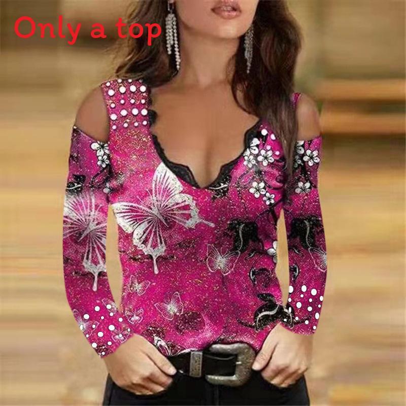 Spring V Neck T Shirt With Lace And Flower Print For Elegant Office Wear