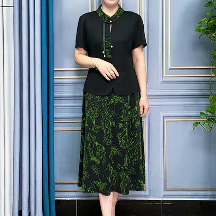 

New Summer Lapel Print Patchwork Fake Two-Piece Knee-Length Slimming Dress for Mid-Aged Mothers 6XL (160-175 lbs) квітковий/зелений