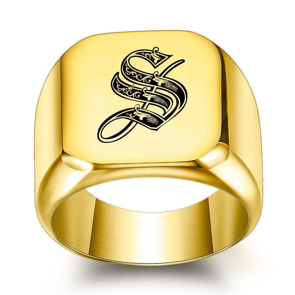 Europe, America 26 personalized English initials titanium steel ring male retro punk square 14MM gold trendy male wholesale