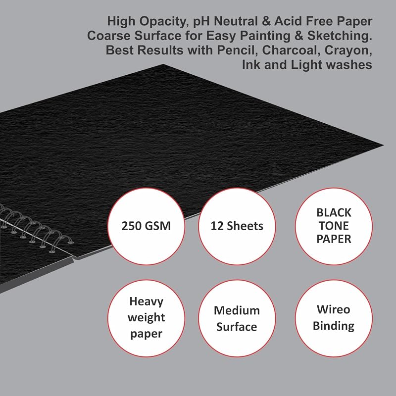 Anupam Pupil Black Toned Watercolour Paper Wire-O Book - Cold Press Paper - 250 Gsm - 12 Sheets -A5